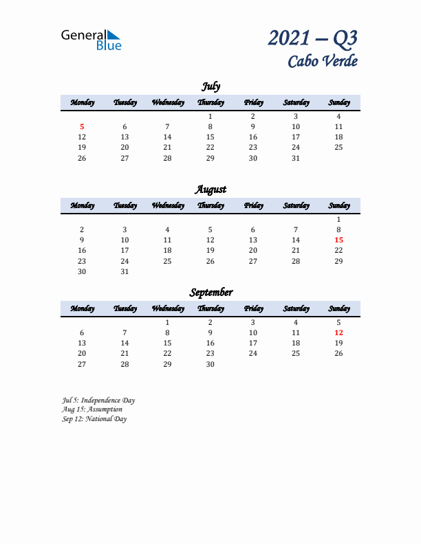 July, August, and September Calendar for Cabo Verde with Monday Start