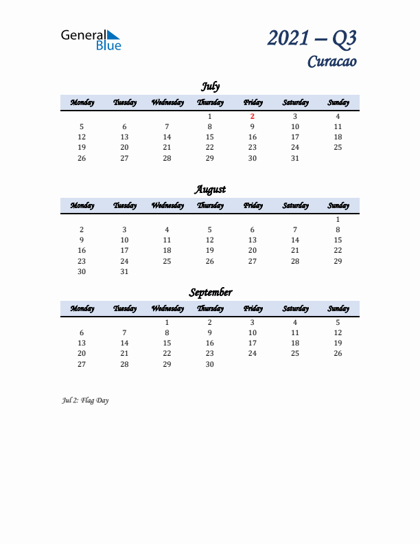 July, August, and September Calendar for Curacao with Monday Start