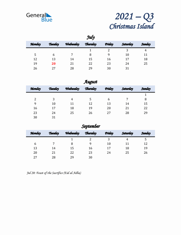 July, August, and September Calendar for Christmas Island with Monday Start