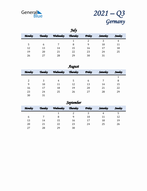 July, August, and September Calendar for Germany with Monday Start