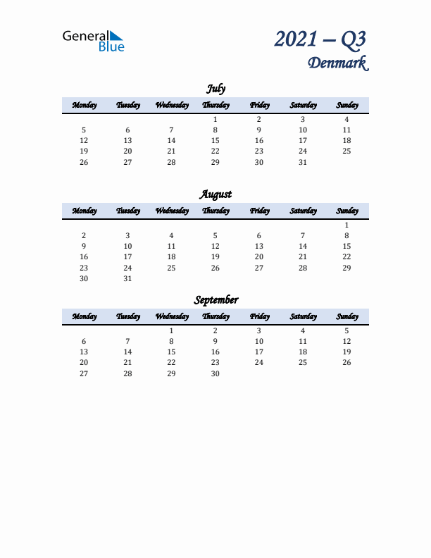 July, August, and September Calendar for Denmark with Monday Start