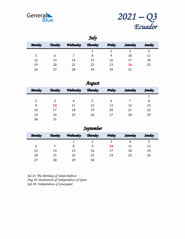 July, August, and September Calendar for Ecuador with Monday Start