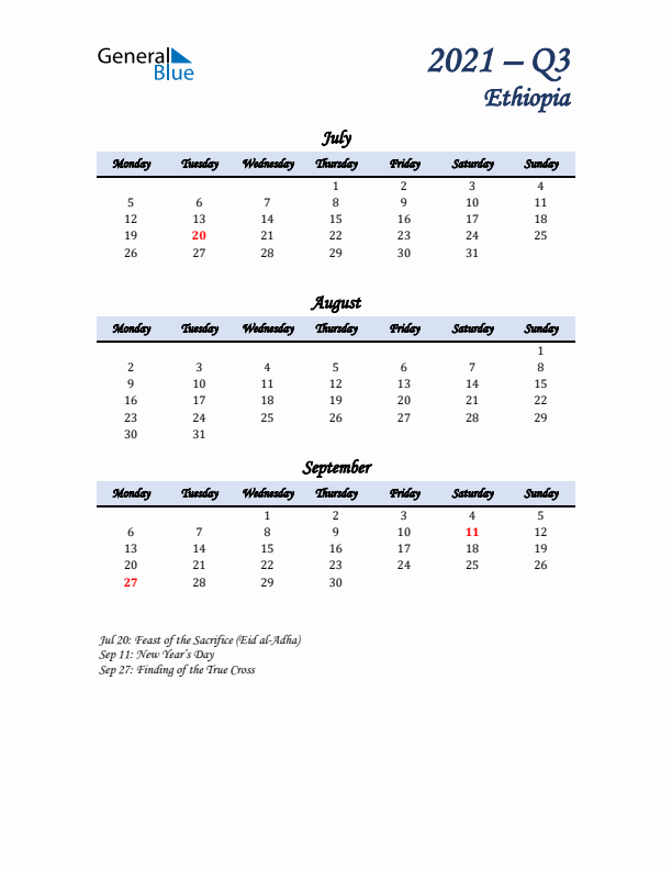 July, August, and September Calendar for Ethiopia with Monday Start