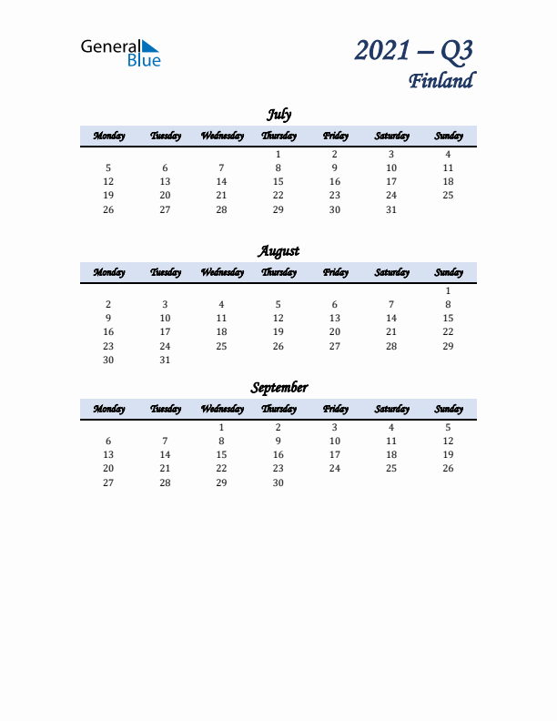 July, August, and September Calendar for Finland with Monday Start