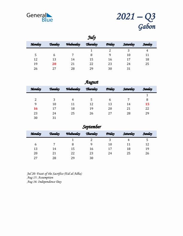 July, August, and September Calendar for Gabon with Monday Start