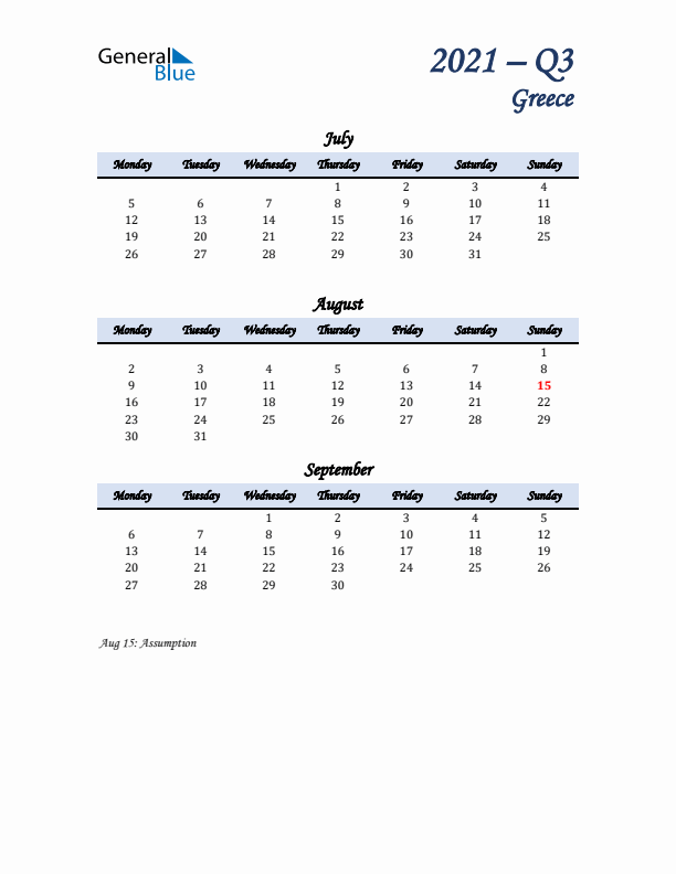 July, August, and September Calendar for Greece with Monday Start