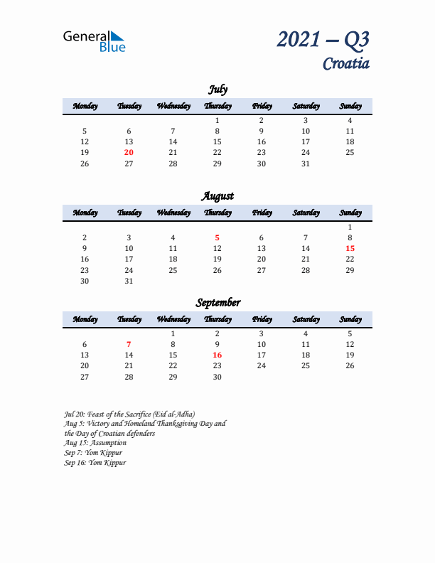 July, August, and September Calendar for Croatia with Monday Start