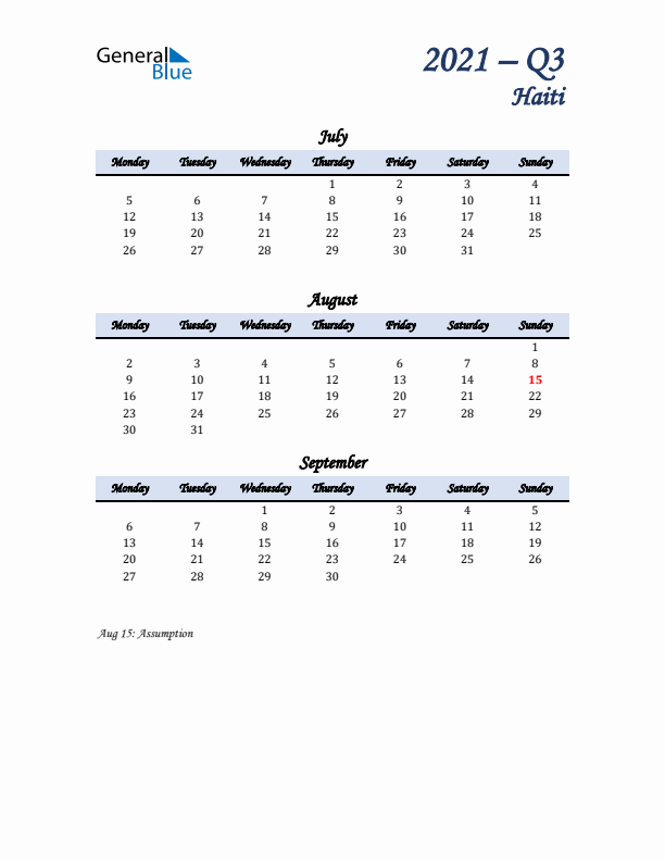 July, August, and September Calendar for Haiti with Monday Start