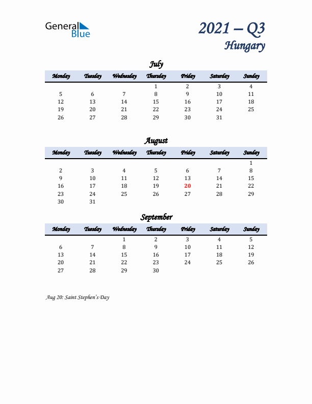 July, August, and September Calendar for Hungary with Monday Start