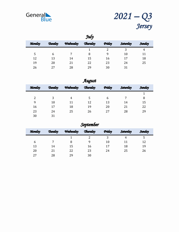 July, August, and September Calendar for Jersey with Monday Start