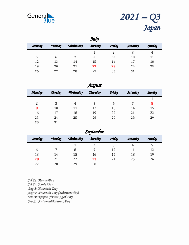 July, August, and September Calendar for Japan with Monday Start