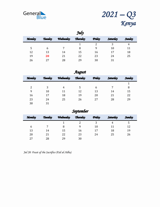 July, August, and September Calendar for Kenya with Monday Start