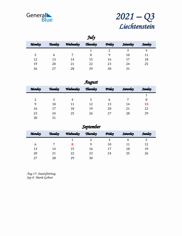 July, August, and September Calendar for Liechtenstein with Monday Start