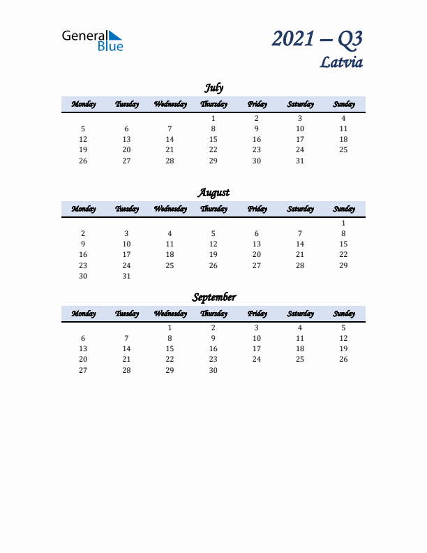 July, August, and September Calendar for Latvia with Monday Start