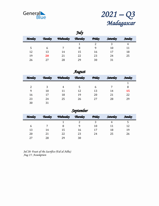 July, August, and September Calendar for Madagascar with Monday Start