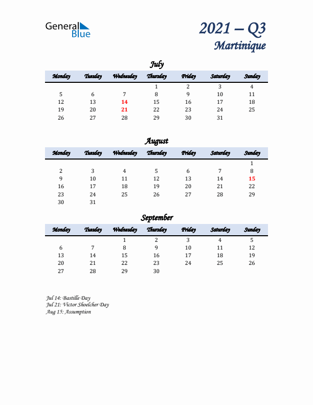 July, August, and September Calendar for Martinique with Monday Start