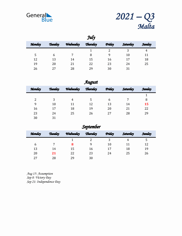 July, August, and September Calendar for Malta with Monday Start