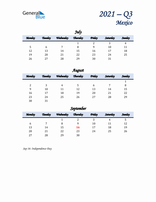 July, August, and September Calendar for Mexico with Monday Start