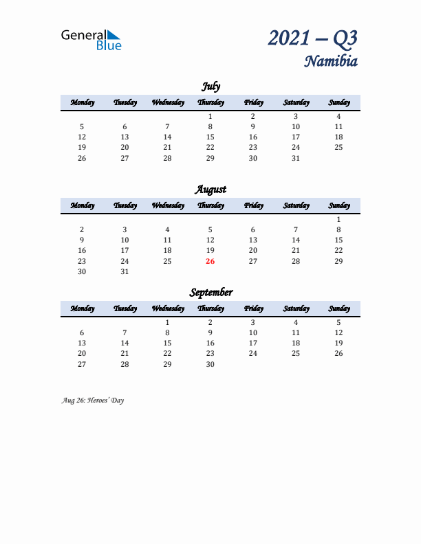 July, August, and September Calendar for Namibia with Monday Start