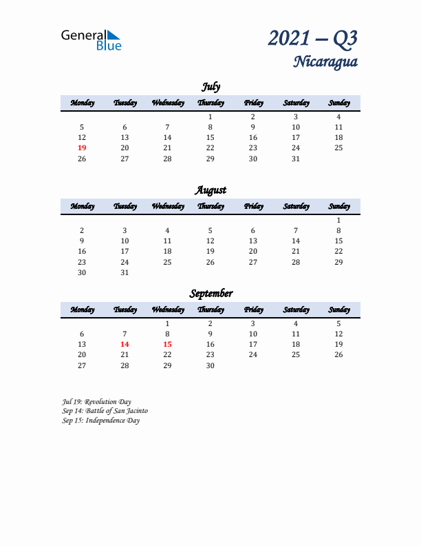 July, August, and September Calendar for Nicaragua with Monday Start