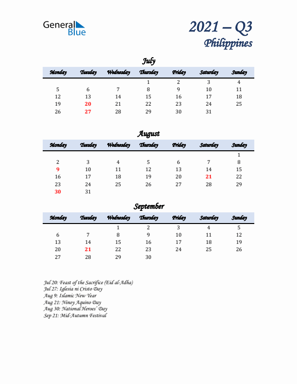 July, August, and September Calendar for Philippines with Monday Start