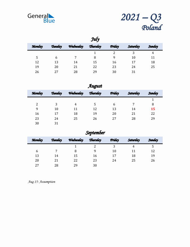 July, August, and September Calendar for Poland with Monday Start