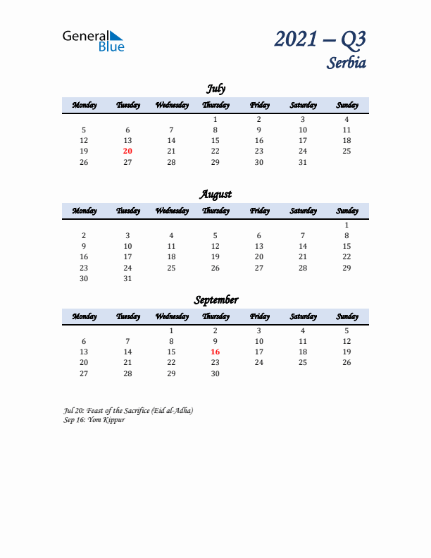 July, August, and September Calendar for Serbia with Monday Start