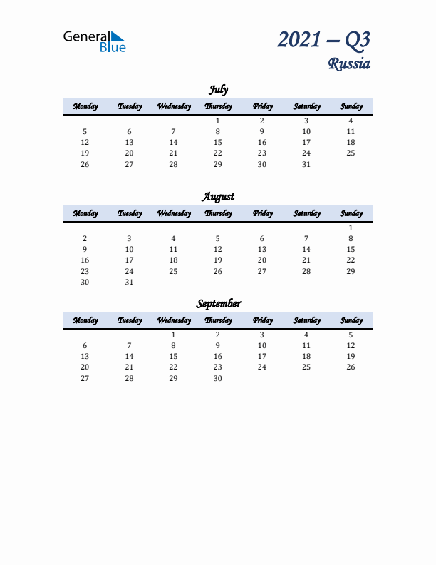 July, August, and September Calendar for Russia with Monday Start