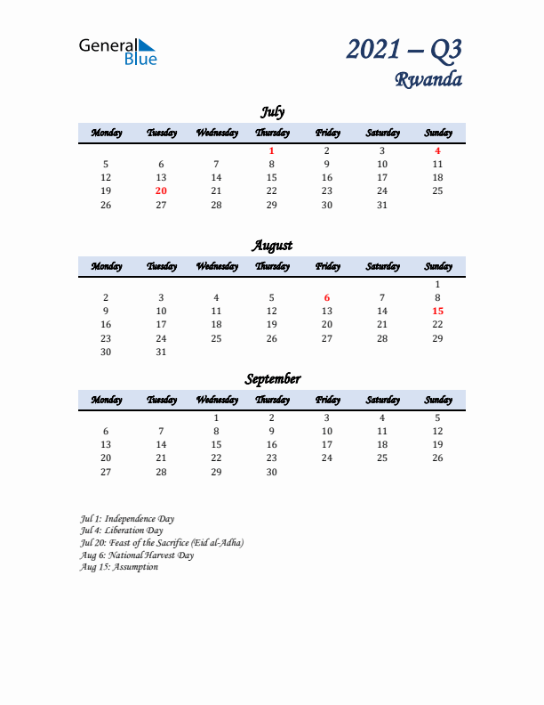 July, August, and September Calendar for Rwanda with Monday Start