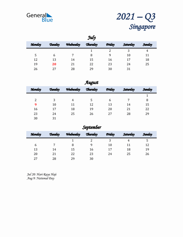 July, August, and September Calendar for Singapore with Monday Start