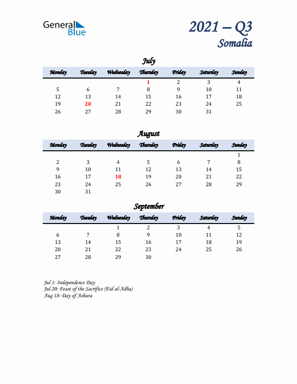 July, August, and September Calendar for Somalia with Monday Start