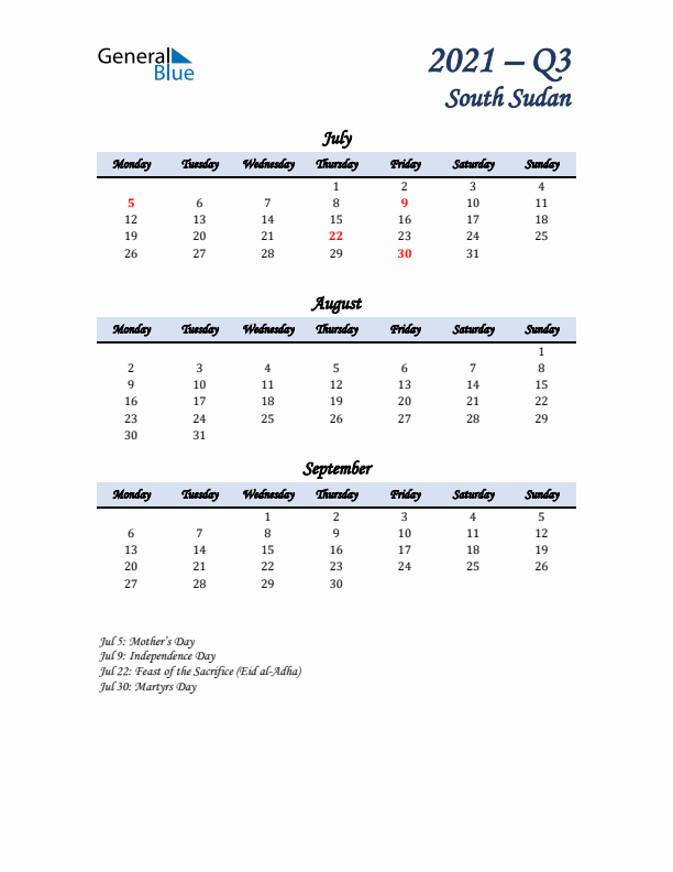 July, August, and September Calendar for South Sudan with Monday Start