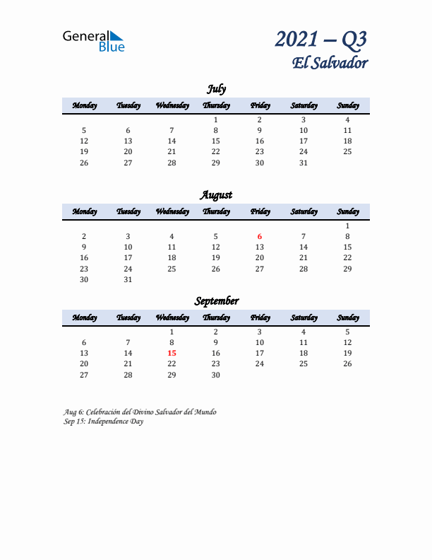 July, August, and September Calendar for El Salvador with Monday Start