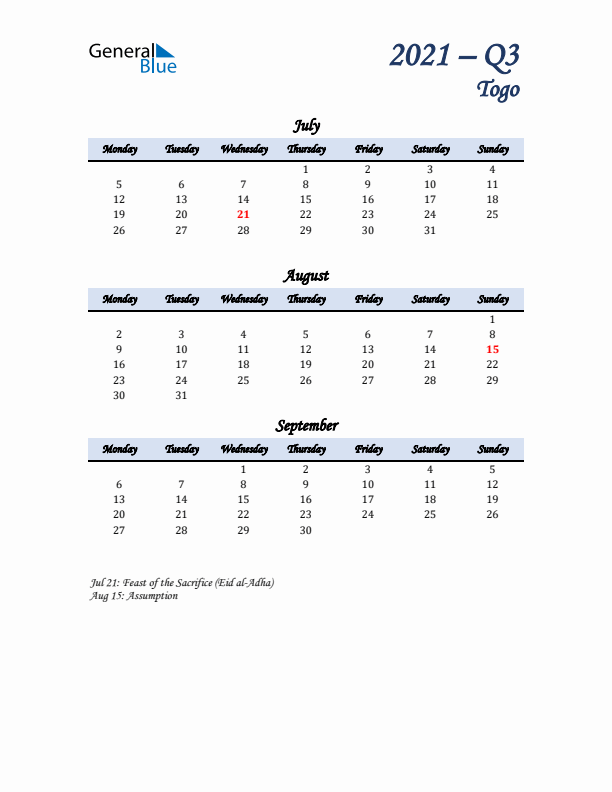 July, August, and September Calendar for Togo with Monday Start