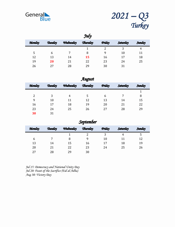 July, August, and September Calendar for Turkey with Monday Start