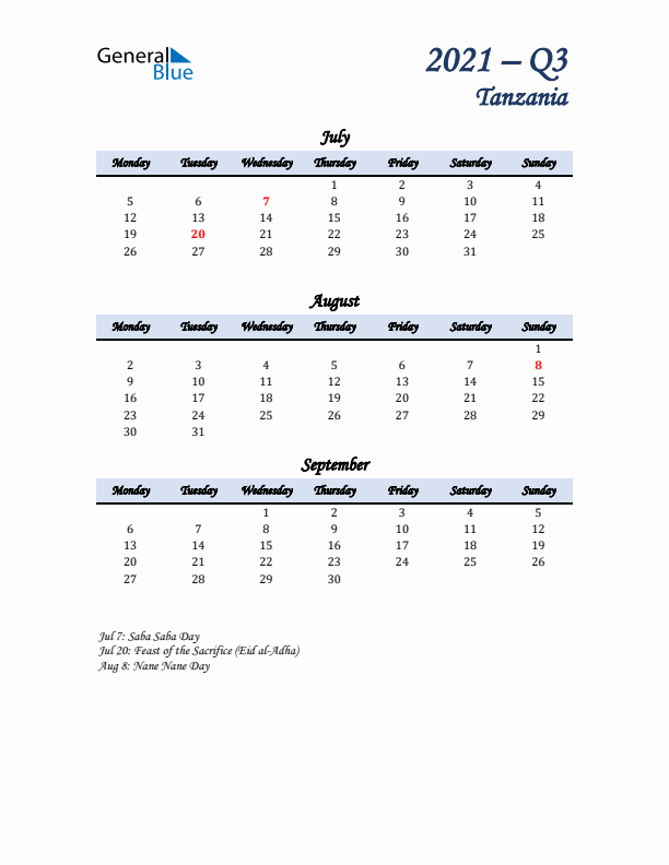 July, August, and September Calendar for Tanzania with Monday Start