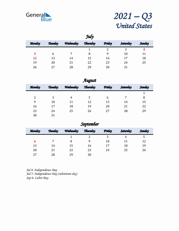 July, August, and September Calendar for United States with Monday Start