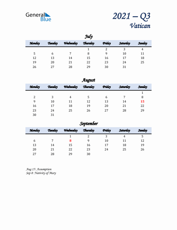 July, August, and September Calendar for Vatican with Monday Start