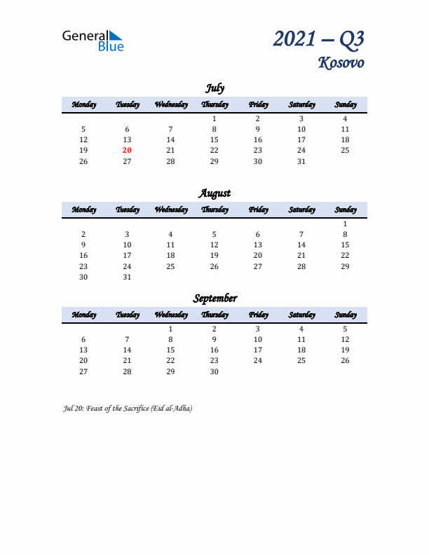 July, August, and September Calendar for Kosovo with Monday Start