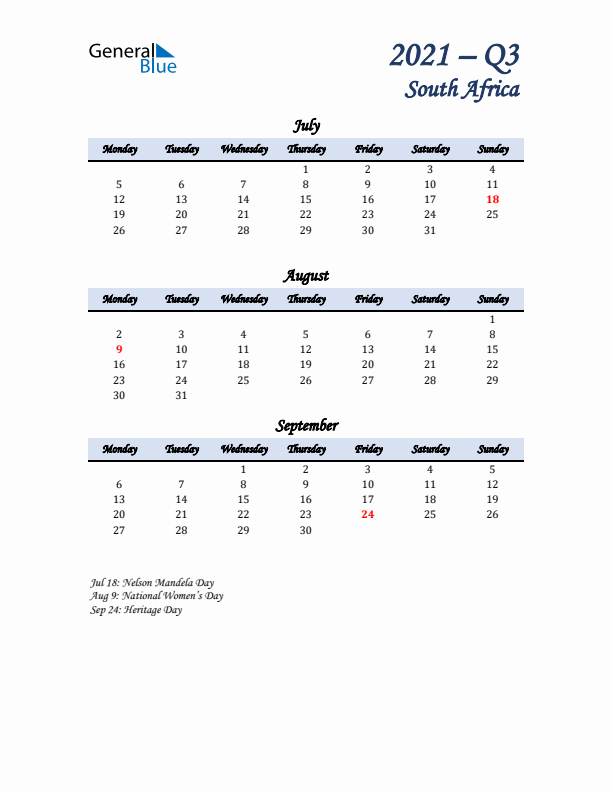 July, August, and September Calendar for South Africa with Monday Start