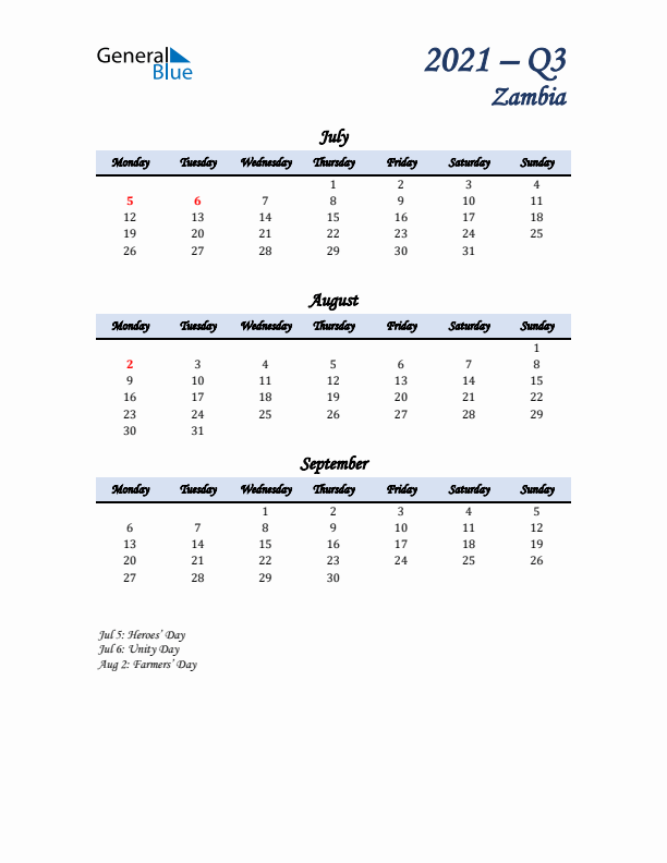 July, August, and September Calendar for Zambia with Monday Start