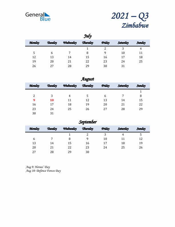 July, August, and September Calendar for Zimbabwe with Monday Start