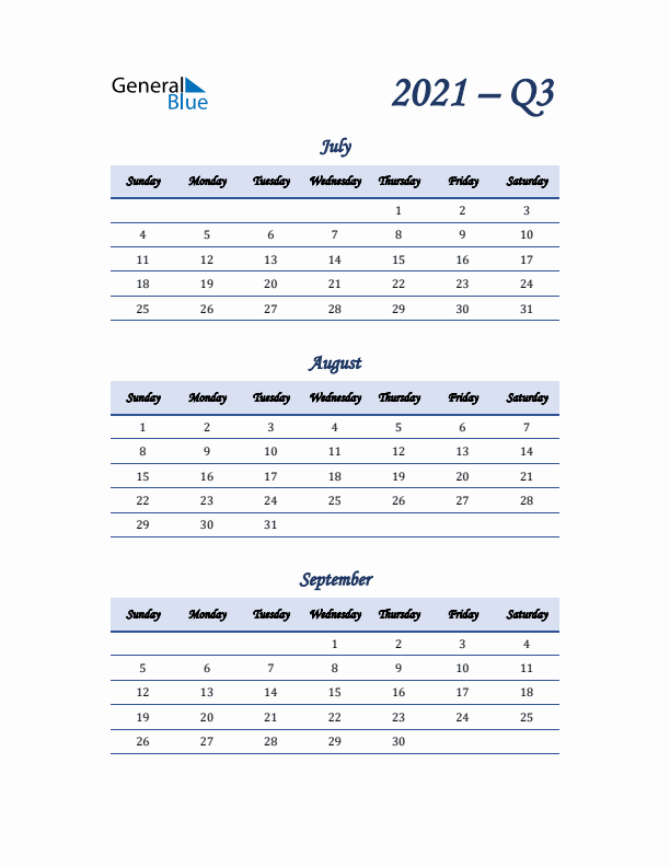 Sunday Start 2021 Quarterly Calendar