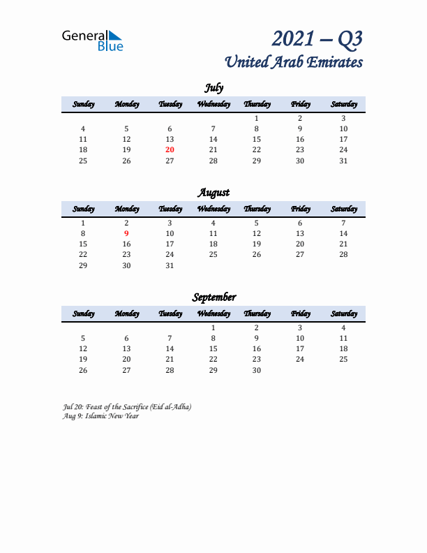 July, August, and September Calendar for United Arab Emirates with Sunday Start