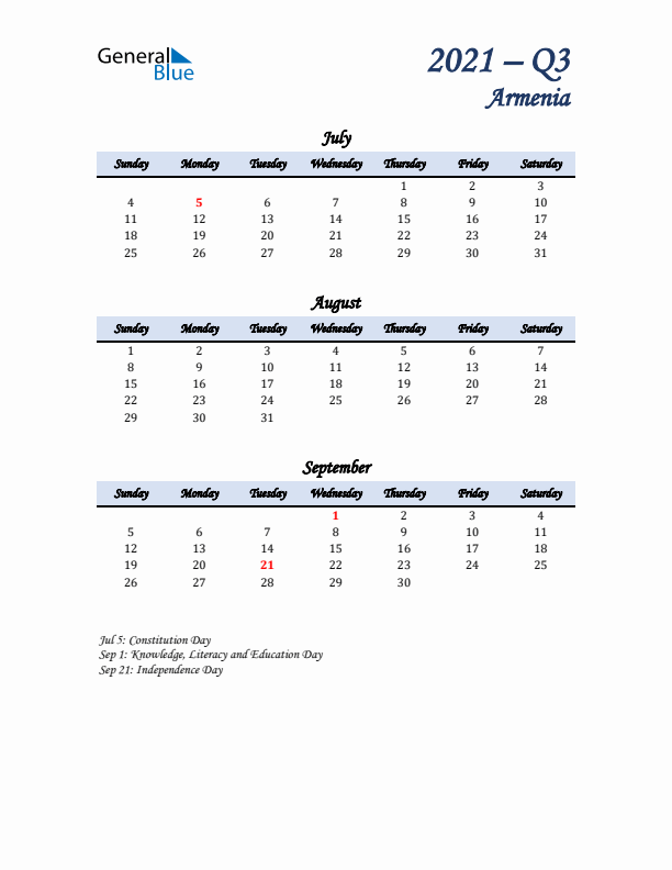 July, August, and September Calendar for Armenia with Sunday Start