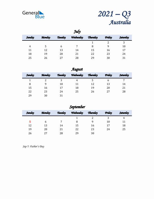 July, August, and September Calendar for Australia with Sunday Start