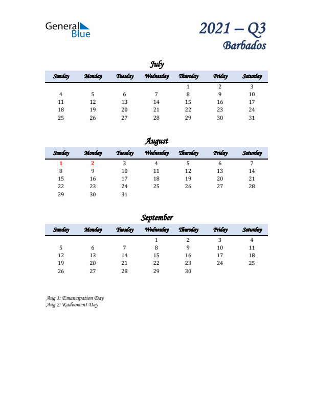 July, August, and September Calendar for Barbados with Sunday Start