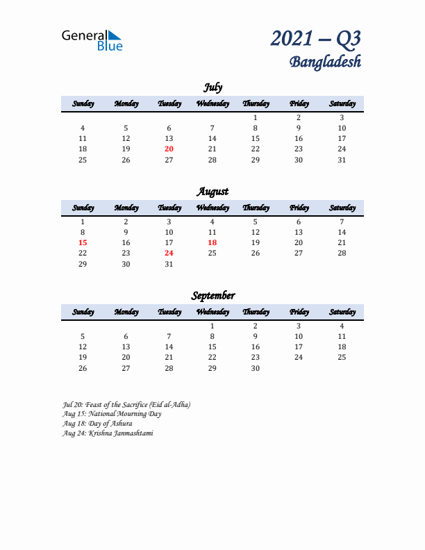 July, August, and September Calendar for Bangladesh with Sunday Start