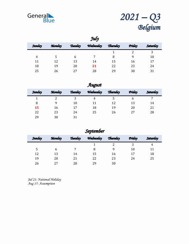 July, August, and September Calendar for Belgium with Sunday Start