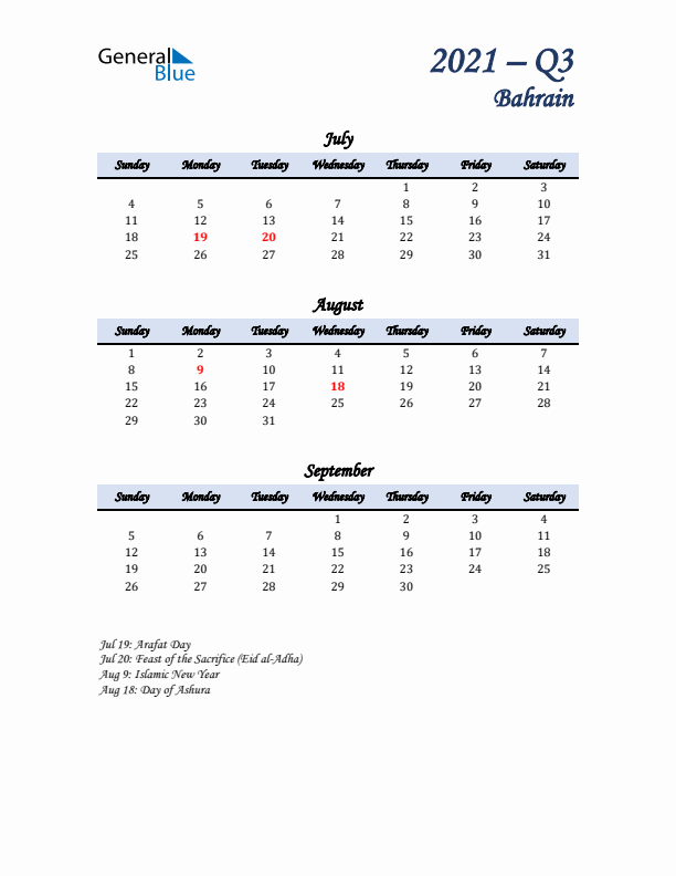 July, August, and September Calendar for Bahrain with Sunday Start